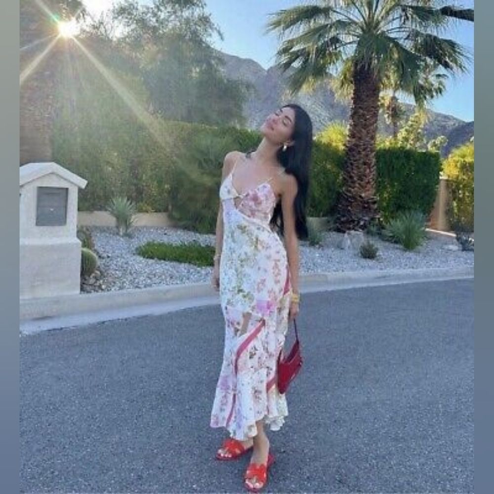 Zara White Floral Slip Midi Dress with Pink Accents